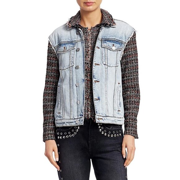 NWT Current / Elliott contrasting denim & tweed short light wash jean jacket - Picture 11 of 16